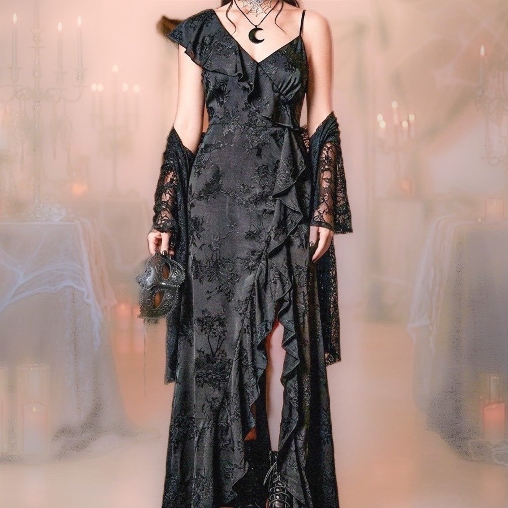 NEW RAHI Black Sz S Ruffle Maxi Dress Dainty Whimsigoth 90s Evening Gown Witchy